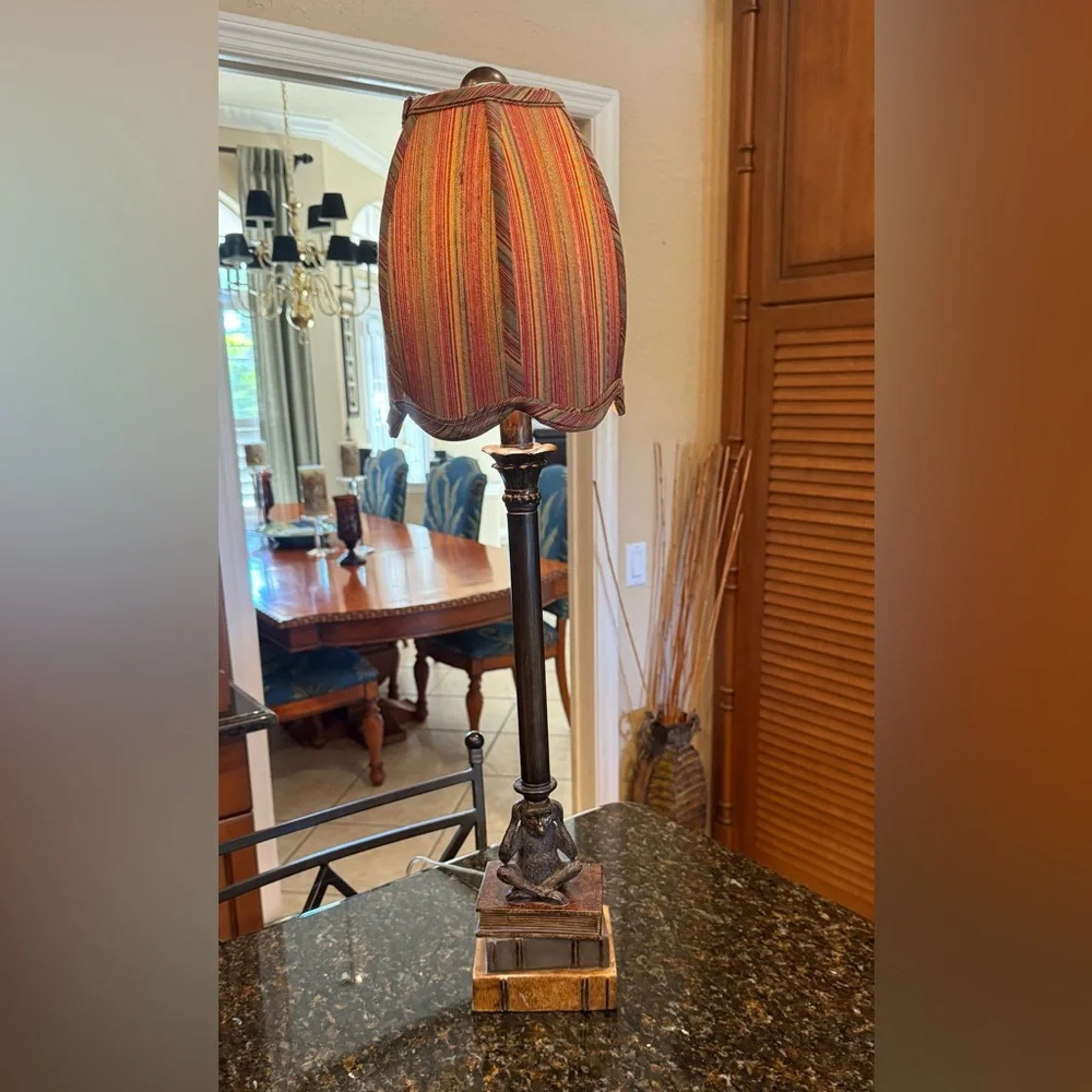 Rare Vintage Monkey on Stacked Books Buffet Lamp with Unique Striped Shade